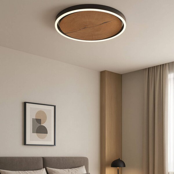 Elobra LED stropní svítidlo Havana M, masivní dřevo/kov, Ø 57 cm, stmívatelný, Tmavé dřevo, Obývací pokoj / jídelna, Dřevo
