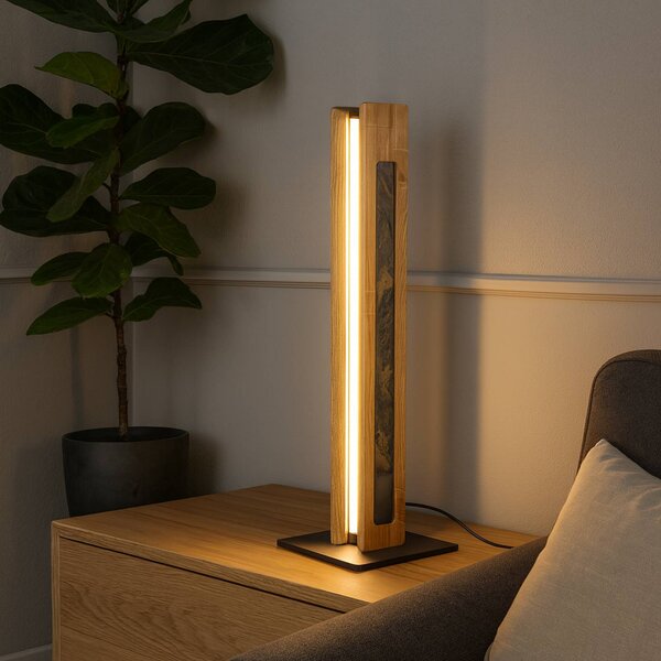 Elobra LED stolní lampa Chile, čtyřstranná, dub/barevná břidlice, 54 cm, stmívatelný, Světlé dřevo, Obývací pokoj / jídelna, Dřevo