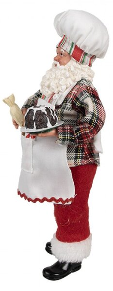 Bílá vánoční dekorace Santa Claus s perníčkem a lízátkem Candy Cane v kapse držící dort s polevou – 28 cm