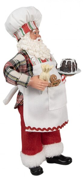 Bílá vánoční dekorace Santa Claus s perníčkem a lízátkem Candy Cane v kapse držící dort s polevou – 28 cm