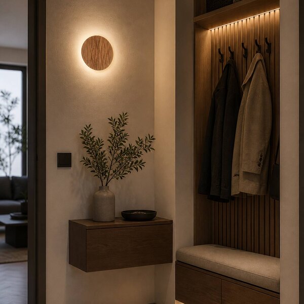 Elobra LED nástěnné světlo Atacama, v barvě dubu, Ø 19 cm, dřevo, Světlé dřevo, Obývací pokoj / jídelna, Dřevo