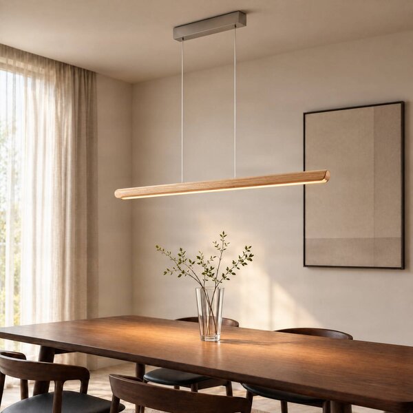 Lucande LED závěsné světlo Callahan, světlé dřevo, délka 115 cm, Světlé dřevo, Obývací pokoj / jídelna, Dřevo, Moderní