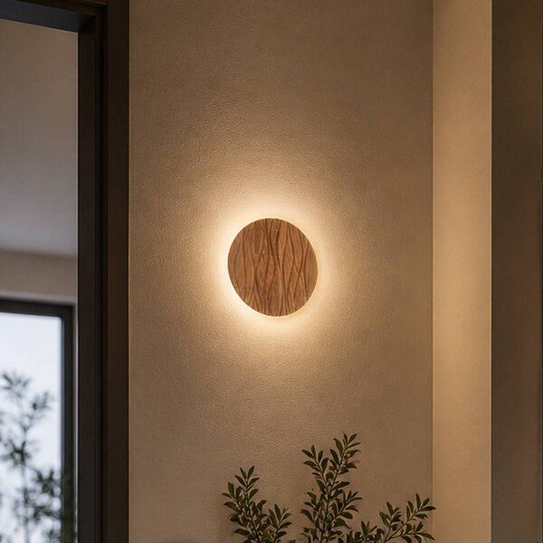 Elobra LED nástěnné světlo Atacama, v barvě dubu, Ø 19 cm, dřevo, Světlé dřevo, Obývací pokoj / jídelna, Dřevo