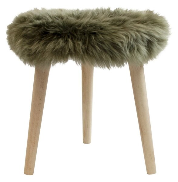 Dřevěná kulatá stolička s olivově zeleným sedákem z ovčí kůže - Ø 36*45cm
