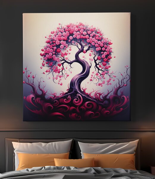 Obraz na plátně - Strom života s růžovými kvítky FeelHappy.cz Velikost obrazu: 60 x 60 cm