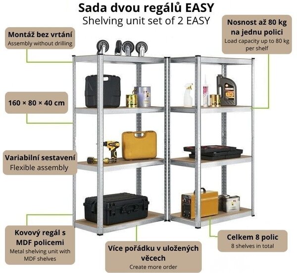 Sada Kovový regál 2 ks 160 × 80 × 40 cm, 8 polic, variabilní