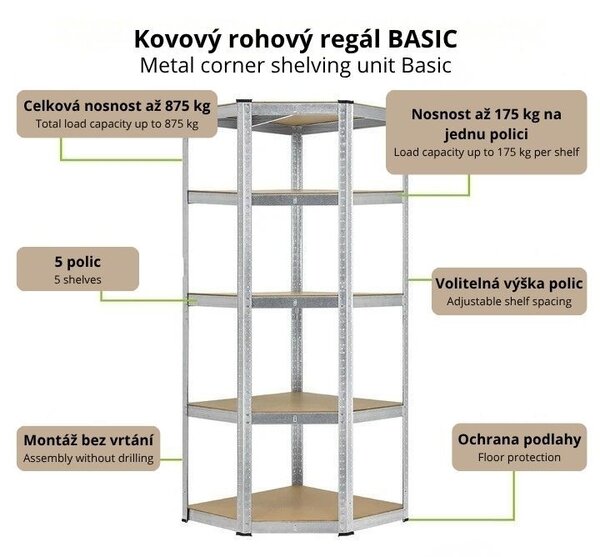 Rohový kovový regál 180 × 70 × 40 cm, 5 polic, variabilní