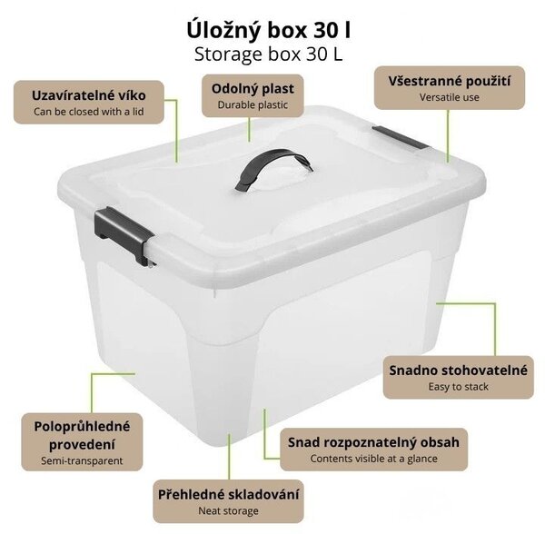 Úložné boxy s víkem 30 l, 4 ks, bílé, stohovatelné