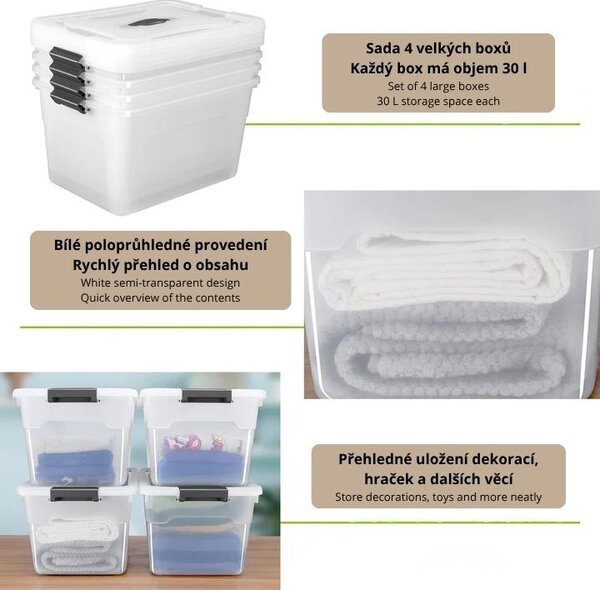 Úložné boxy s víkem 30 l, 4 ks, bílé, stohovatelné