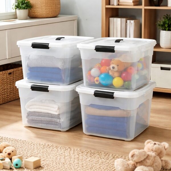 Úložné boxy s víkem 30 l, 4 ks, bílé, stohovatelné