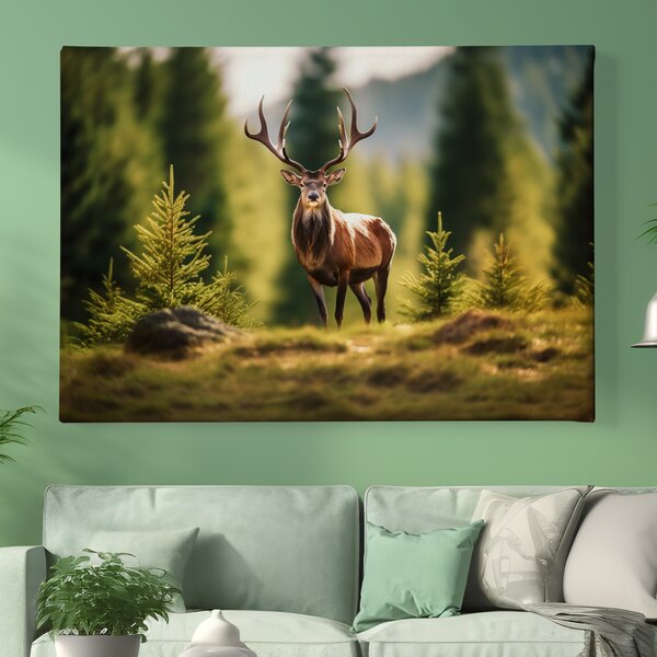 Obraz na plátně - Majestátní jelen mezi malými smrčky FeelHappy.cz Rozměr obrazu (Šířka x Výška): 40 x 30 cm