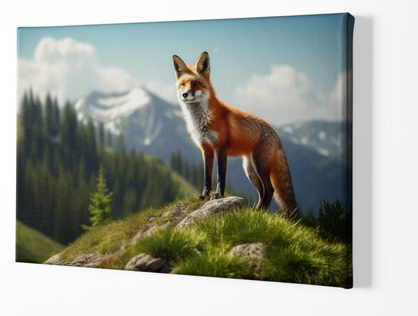 Obraz na plátně - Liška na kopci se rozhlíží po krajině FeelHappy.cz Velikost obrazu: 150 x 100 cm