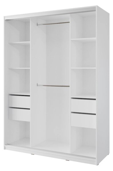 Česká šatní skříň NEJBY BARNABA 150 cm s posuvnými dveřmi, zrcadlem, 4 šuplíky a 2 šatními tyčemi, bílá