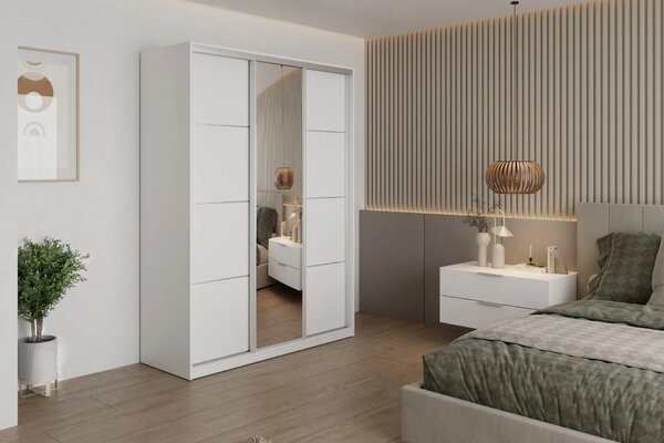 Česká šatní skříň NEJBY BARNABA 150 cm s posuvnými dveřmi, zrcadlem, 4 šuplíky a 2 šatními tyčemi, bílá