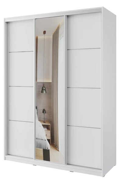 Česká šatní skříň NEJBY BARNABA 150 cm s posuvnými dveřmi, zrcadlem, 4 šuplíky a 2 šatními tyčemi, bílá