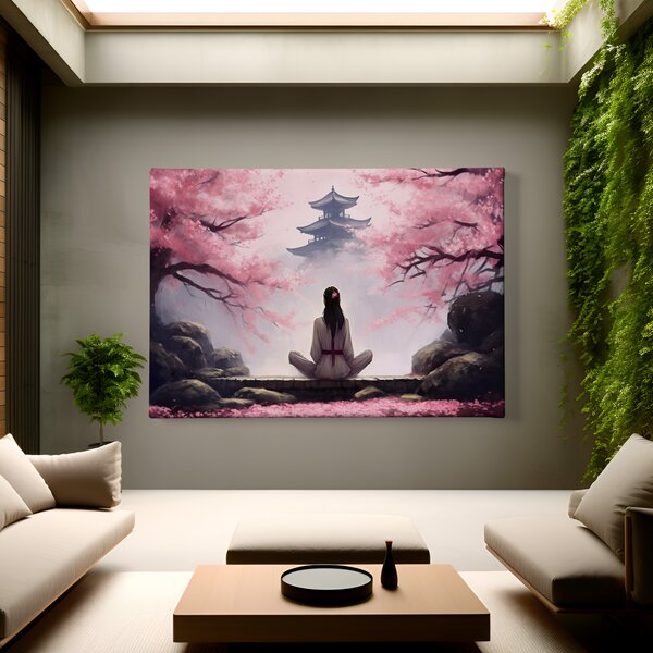 Obraz na plátně - Yuki medituje mezi Sakurami, chrám Japonsko FeelHappy.cz Rozměr (Šířka/Výška): 90 x 60 cm
