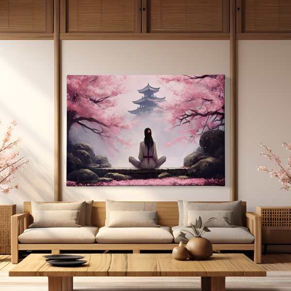 Obraz na plátně - Yuki medituje mezi Sakurami, chrám Japonsko FeelHappy.cz Rozměr (Šířka/Výška): 90 x 60 cm