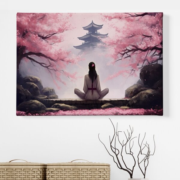 Obraz na plátně - Yuki medituje mezi Sakurami, chrám Japonsko FeelHappy.cz Rozměr (Šířka/Výška): 90 x 60 cm