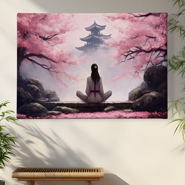Obraz na plátně - Yuki medituje mezi Sakurami, chrám Japonsko FeelHappy.cz Rozměr (Šířka/Výška): 90 x 60 cm