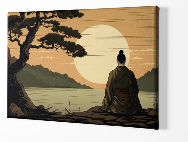 Obraz na plátně - Hiroshi, meditující muž na břehu jezera FeelHappy.cz Velikost obrazu: 210 x 140 cm