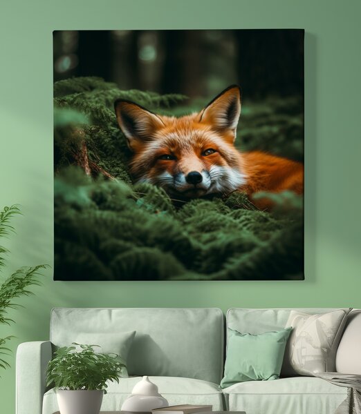 Obraz na plátně - Liška odpočívá v kapradinách FeelHappy.cz Rozměr obrazu (Šířka x Výška): 40 x 40 cm