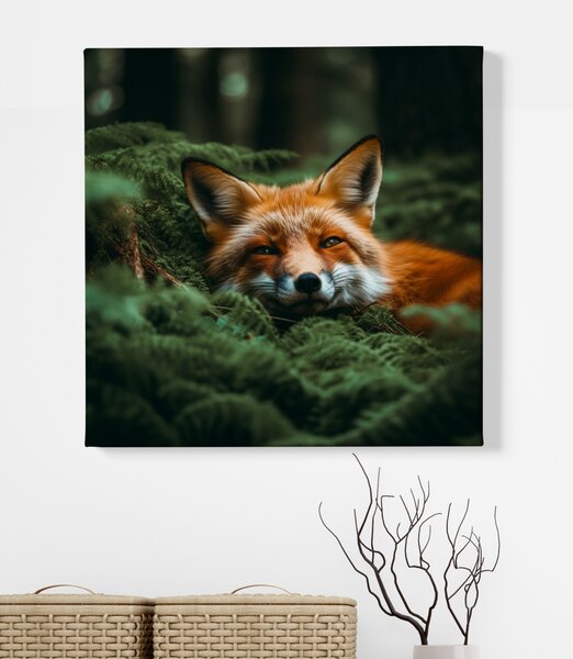 Obraz na plátně - Liška odpočívá v kapradinách FeelHappy.cz Rozměr obrazu (Šířka x Výška): 40 x 40 cm