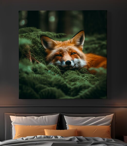Obraz na plátně - Liška odpočívá v kapradinách FeelHappy.cz Rozměr obrazu (Šířka x Výška): 40 x 40 cm