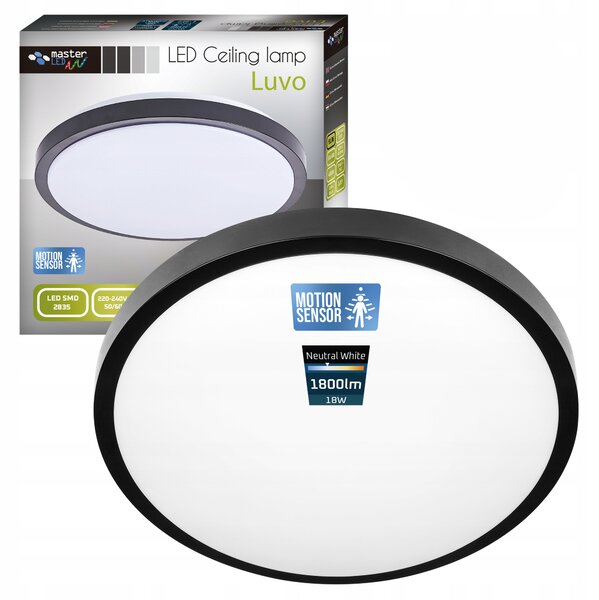 Stropní Svítidlo LED Masterled černé s pohybovým senzorem 18W 27,5x6 cm