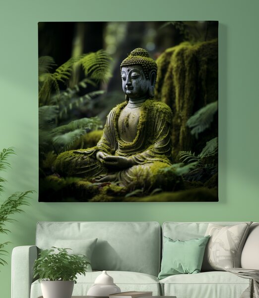 Obraz na plátně - Mechová buddhova socha v lese FeelHappy.cz Rozměr (Šířka/Výška): 40 x 40 cm