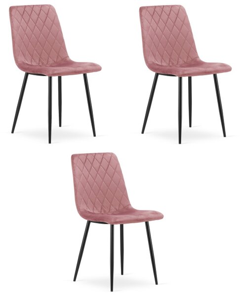 Set tří jídelních židlí TURIN sametový růžový (černé nohy) 3 ks
