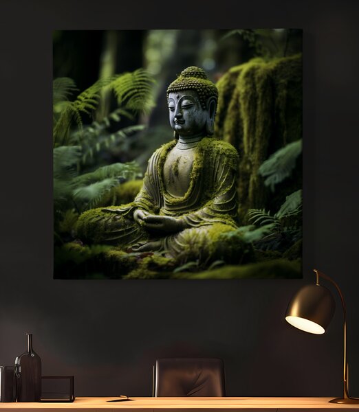 Obraz na plátně - Mechová buddhova socha v lese FeelHappy.cz Rozměr (Šířka/Výška): 40 x 40 cm
