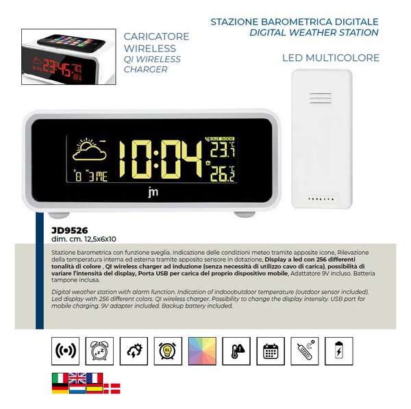 Lowell Italy Meteostanice a digitální LED hodiny JD9526 Lowell s nabíječkou smartphonů 12,5cm