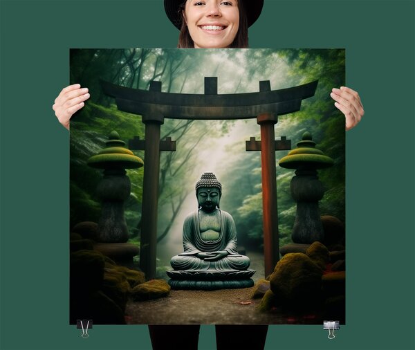 FeelHappy Plakát - Socha buddhy v bráně Torii Velikost plakátu: 100 x 100 cm