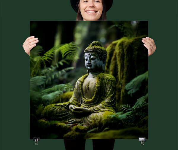 Plakát - Mechová buddhova socha v lese FeelHappy.cz Velikost plakátu: 40 x 40 cm