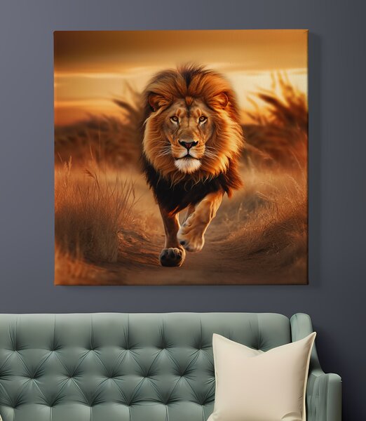 Obraz na plátně - Lev běží krajinou při západu slunce FeelHappy.cz Rozměr obrazu (Šířka x Výška): 40 x 40 cm