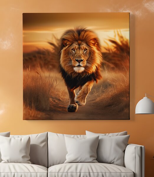 Obraz na plátně - Lev běží krajinou při západu slunce FeelHappy.cz Rozměr obrazu (Šířka x Výška): 40 x 40 cm
