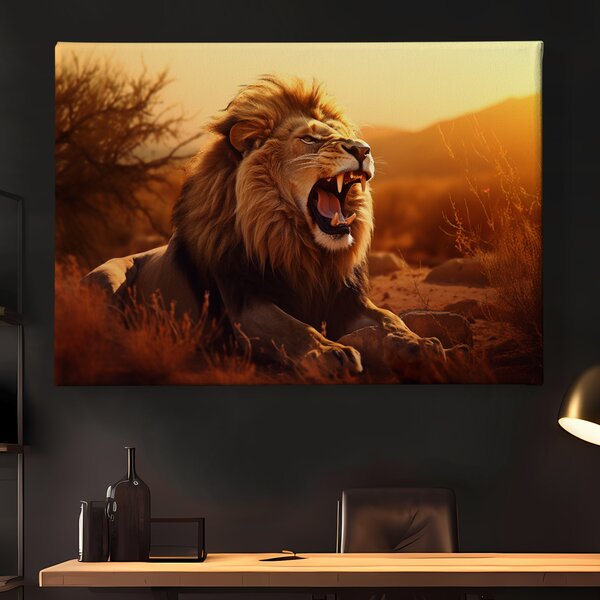 Obraz na plátně - Lev zívá v savaně při západu slunce FeelHappy.cz Rozměr obrazu (Šířka x Výška): 40 x 30 cm