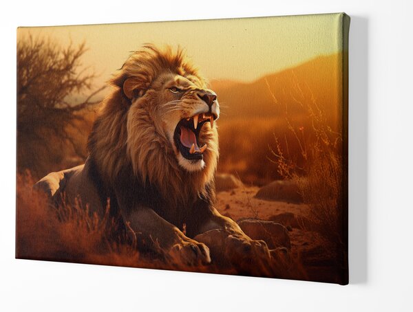 Obraz na plátně - Lev zívá v savaně při západu slunce FeelHappy.cz Velikost obrazu: 40 x 30 cm