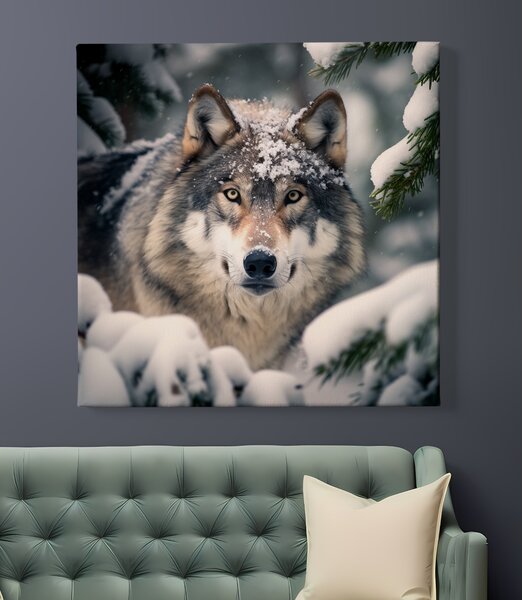 Obraz na plátně - Vlkova tajná skrýš ve sněžném lese FeelHappy.cz Rozměr obrazu (Šířka x Výška): 40 x 40 cm