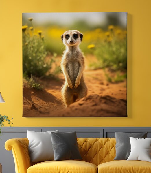 Obraz na plátně - Surikata se rozhlíží po krajině FeelHappy.cz Rozměr obrazu (Šířka x Výška): 40 x 40 cm