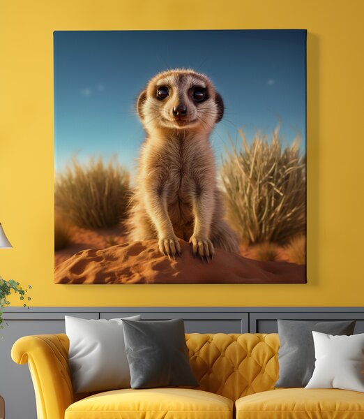 Obraz na plátně - Surikata vyčkává v písečné krajině FeelHappy.cz Rozměr obrazu (Šířka x Výška): 40 x 40 cm