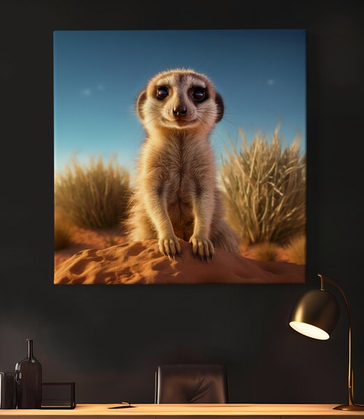 Obraz na plátně - Surikata vyčkává v písečné krajině FeelHappy.cz Rozměr obrazu (Šířka x Výška): 40 x 40 cm