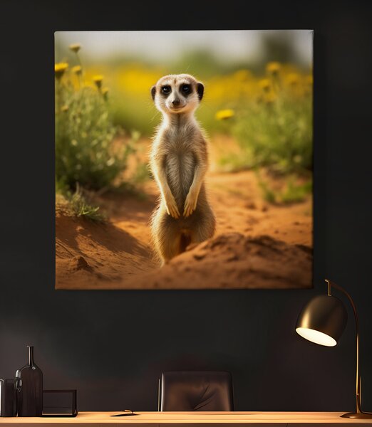 Obraz na plátně - Surikata se rozhlíží po krajině FeelHappy.cz Rozměr obrazu (Šířka x Výška): 40 x 40 cm