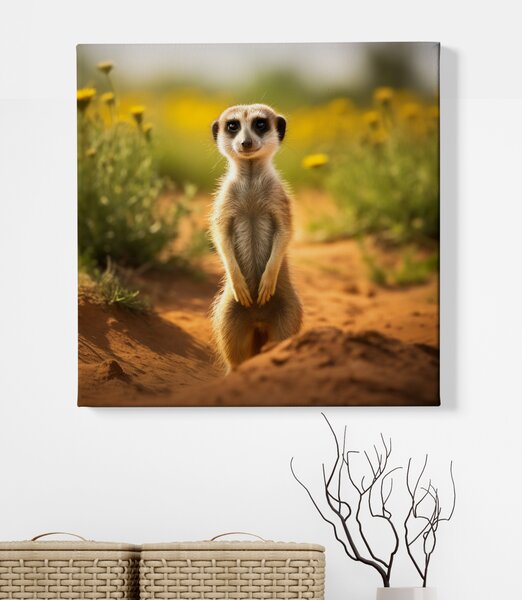 Obraz na plátně - Surikata se rozhlíží po krajině FeelHappy.cz Rozměr obrazu (Šířka x Výška): 40 x 40 cm