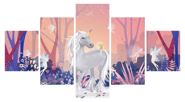 Obraz - Jednorožec v magickém lese (125x70 cm)