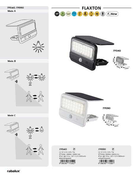 77090 Flaxton venkovní svítidlo solární LED 7W, 700lm, 4000K, IP54, senzor, bílá