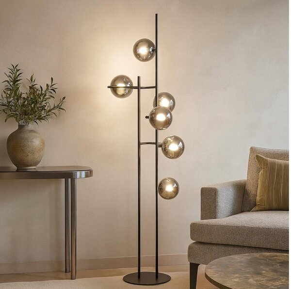 Ondaluce - Stojací lampa JEWEL 6xE14/10W/230V 166 cm černá/kouřová černá