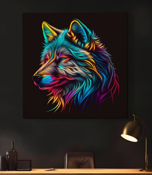 Obraz na plátně - Barevný zářící vlk, hlava FeelHappy.cz Velikost obrazu: 40 x 40 cm