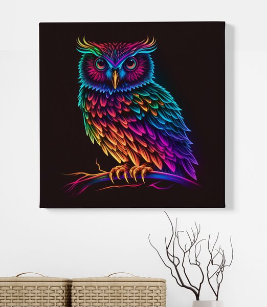 Obraz na plátně - Barevná neonová sova FeelHappy.cz Rozměr obrazu (Šířka x Výška): 40 x 40 cm