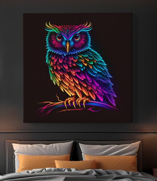 Obraz na plátně - Barevná neonová sova FeelHappy.cz Rozměr obrazu (Šířka x Výška): 40 x 40 cm